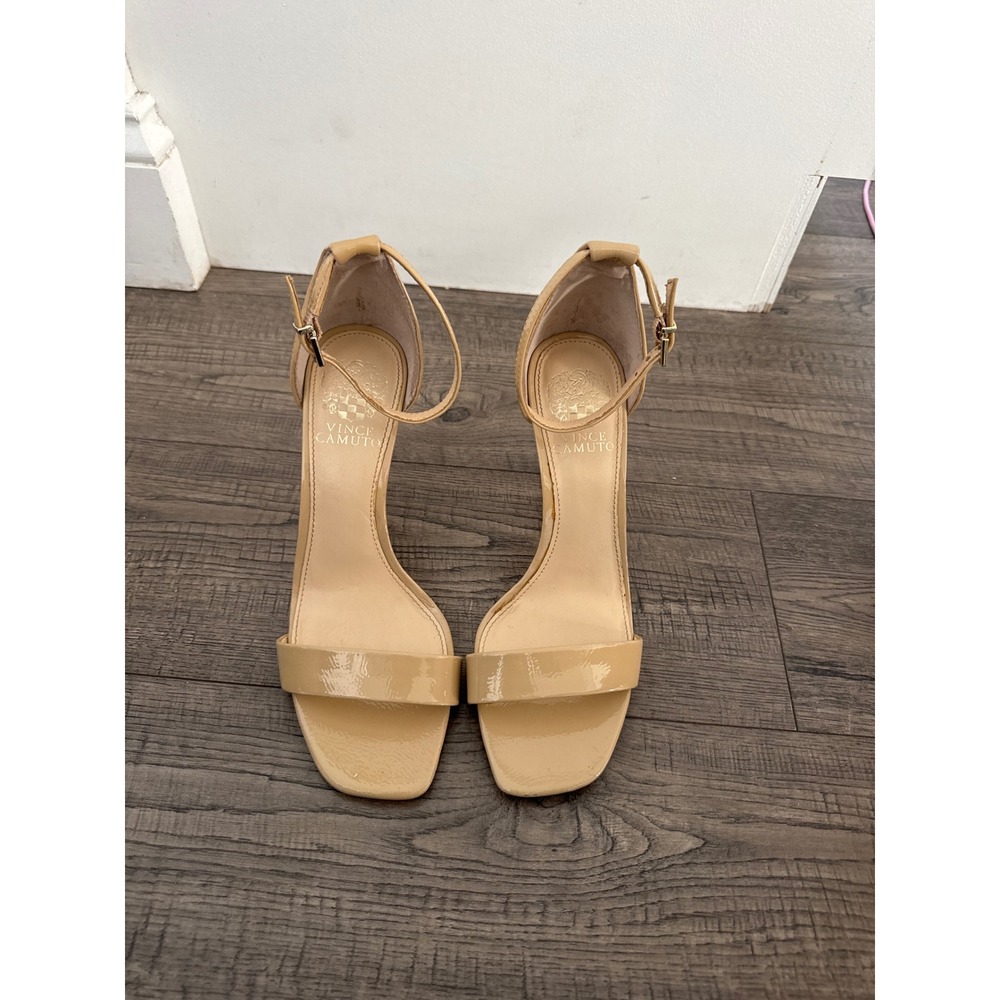 Vince Camuto Nude Patent Leather Ankle Strap Square Toe Stiletto Heels Size 8M